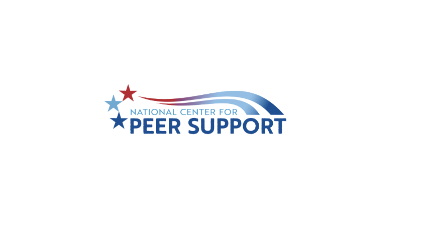 Logo for the National Center for Peer Support featuring three stars in red and blue with curved blue and purple lines above the words “National Center for Peer Support” in bold blue lettering.